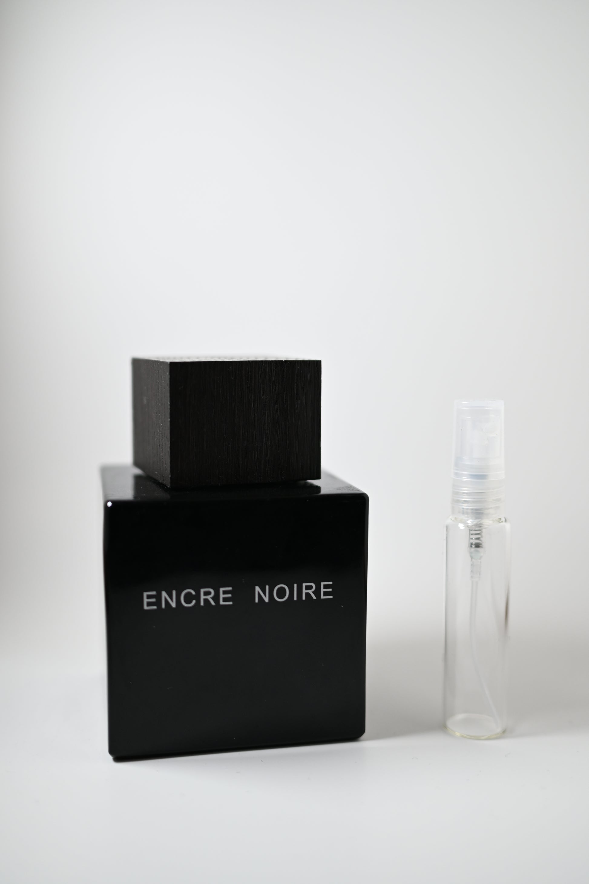 Lalique Encre Noire Bottle Next to 10ML Decant - Perfumes de Adrian