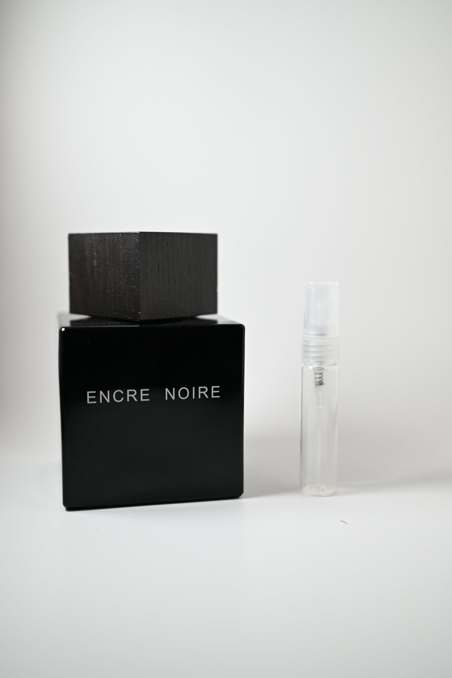 Lalique Encre Noire Bottle Next to 5ML Decant - Perfumes de Adrian